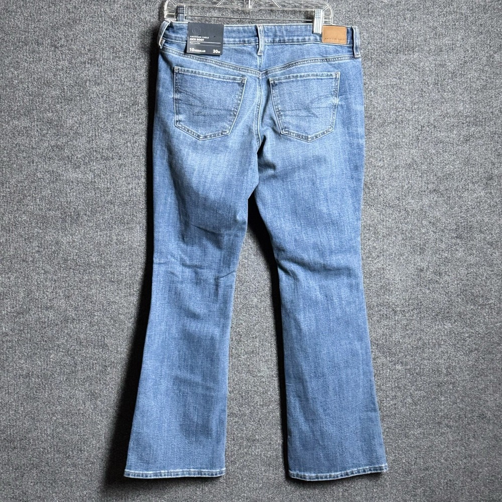 American Eagle Kick Boot Jeans 10 Super Low Rise Distressed Stretch Y2K Blue 30W - Picture 6 of 14